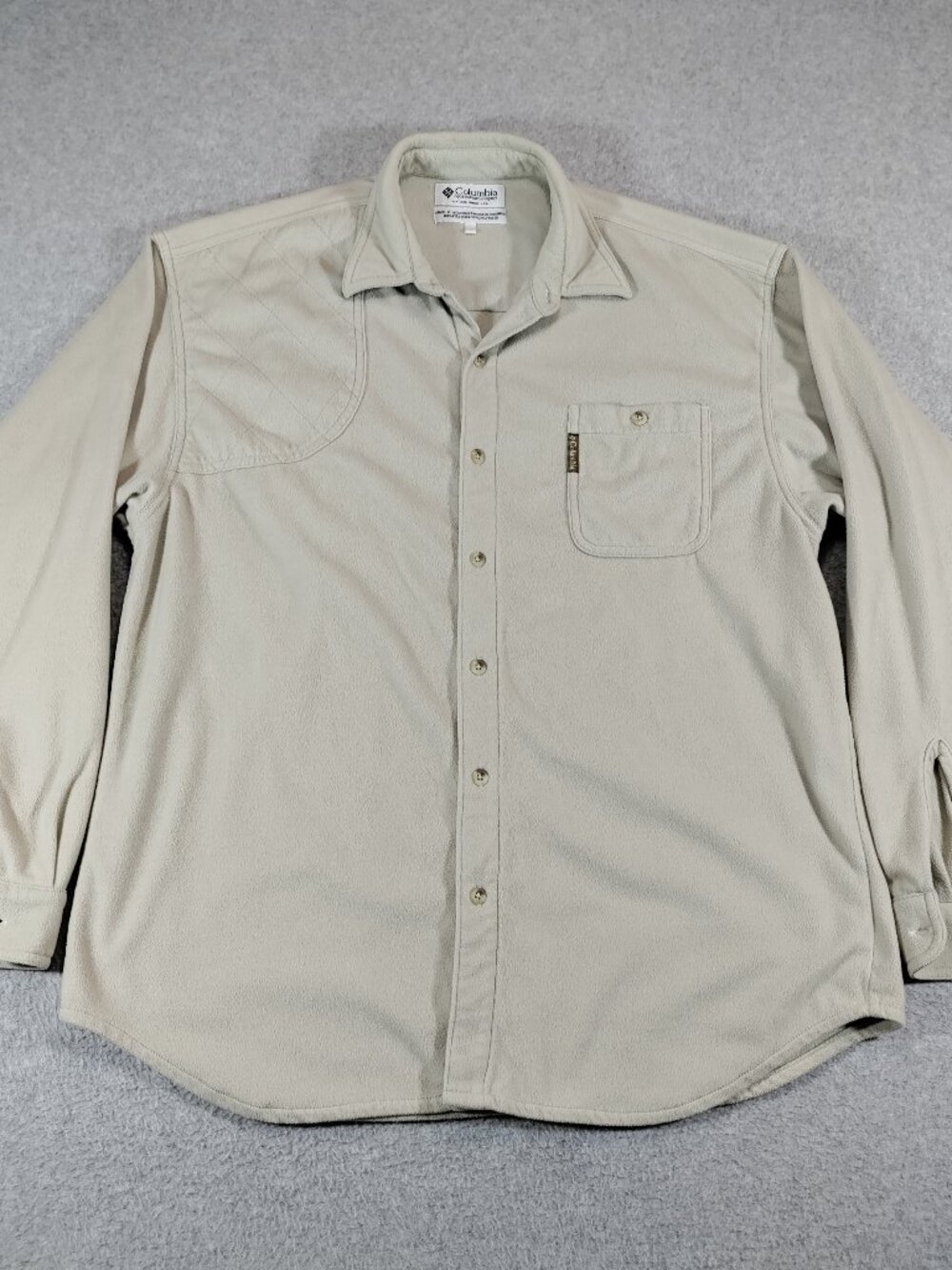 Columbia Shooting Shirt Mens Large Beige Fleece Button Up Right Hand Long Sleeve